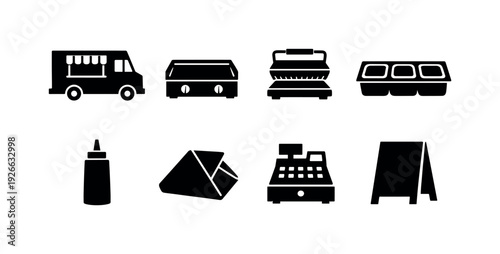 Sandwich food truck equipment: food truck, griddle, sandwich press, ingredient tray, squeeze bottle, paper wrapper, cash register, menu board