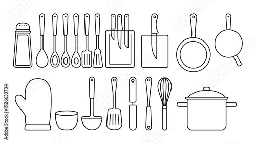 Kitchen utensils and tools minimalist line drawing vector illustration