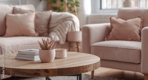 Pastel apartment living space highlighting pink aloe in pot on wooden table near sofa and cushioned armchair copy space
