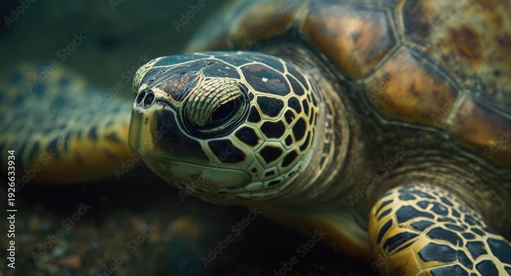 Fototapeta premium High resolution macro photo of green turtle chelonia mydas head and flippers