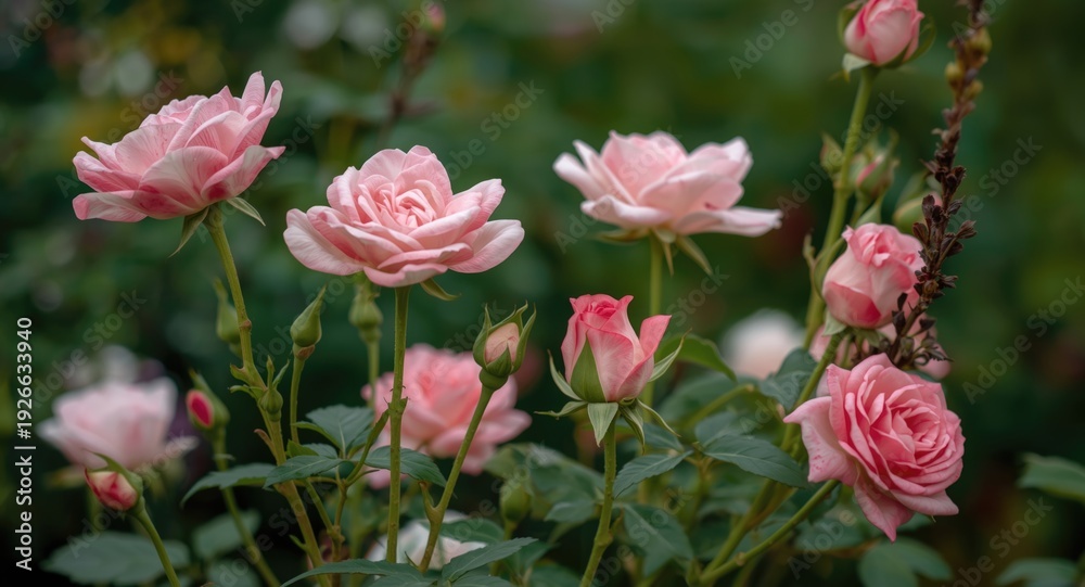 Fototapeta premium Graceful Eustoma flowers alongside blooming roses in dreamy enchanting garden