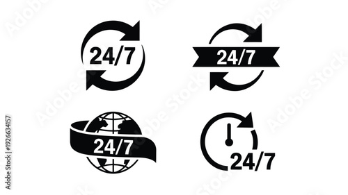 24/7 service icons set with circular arrows and globe vector illustration, flat design