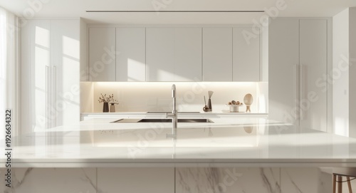 minimalist kitchen interior with bright lighting, white wall, and functional workspace