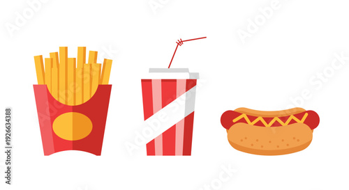Flat design vector icons of french fries in a red box, a striped soda cup, and a hot dog with toppings on a white background.