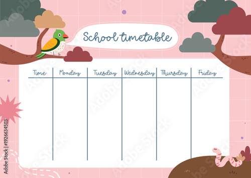 Printable colorful school timetable cute kid friendly illustrations and organized schedule layout, designed for classroom planning, homeschooling, nursery decor, daily routine management