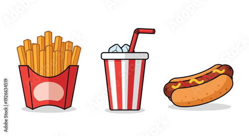 Outline style vector icons depicting french fries in a box, a soda drink with ice, and a hot dog with sauce on a white background.