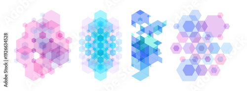 Abstract geometric background. Translucent pattern of overlapping geometric shapes. Transparent colored hexagons. Template for poster, flyer, banner, card or cover. Vector illustration.