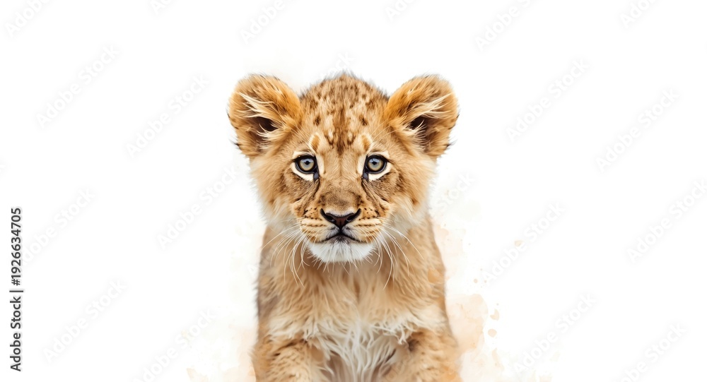 Obraz premium Expressive watercolor work showing a single baby lion against a clean white backdrop