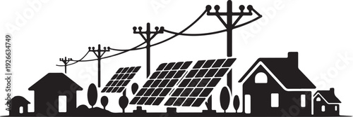 Black silhouette of houses with solar panels and power lines