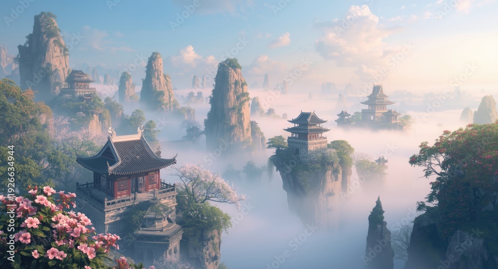 Fototapeta premium Ethereal Chinese fantasy backgrounds with floating islands and ancient temples