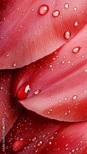Vibrant red petals in motion with glimmering water droplets