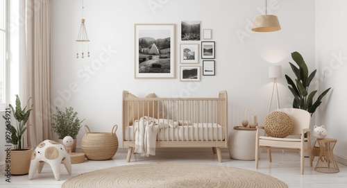 Wallpaper Mural Nursery interior showcasing boho and Scandinavian styles with eco friendly elements and wall frame mockup Torontodigital.ca