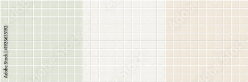 Tile kitchen pattern and pool ivory ceramic set, white minimal kitchen scene studio, ceramic tile wall or floor. Beige seamless tile grid background, vector illustration, light green and sand color.