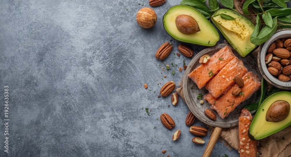 Obraz premium Omega 3 and unsaturated fat rich ingredients like almonds salmon avocado and pecans with copyspace for text