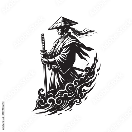 Samurai Warrior Silhouette Tribal Tattoo Vector Design with Sword
