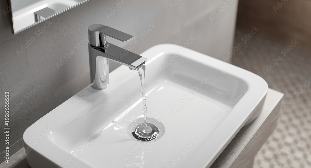 Fototapeta premium Shiny chrome tap dispensing water into a stylish white rectangle basin in bathroom interior