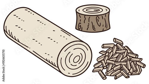 A vector graphic illustration of a log, tree stump, and wood shavings in a simple, flat design style.