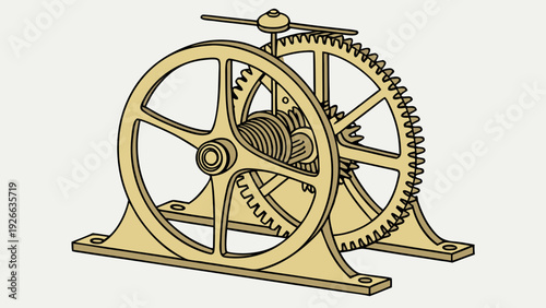 A vintage-style vector illustration of a mechanical gear system with a large wheel and sprocket
