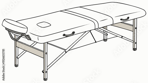 A minimalist line art illustration of a massage table with a folded towel and adjustable headrest in a flat design style
