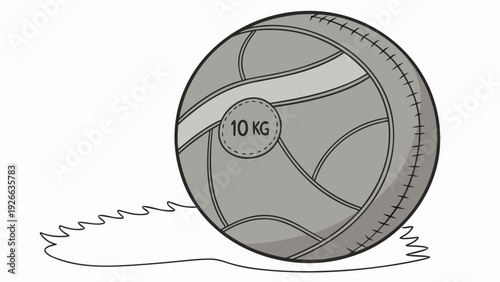 A gray medicine ball with a weight of 10 kg and a rope handle, designed as a vector graphic for fitness and exercise illustrations