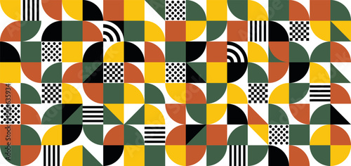 Abstract geometric seamless pattern in retro mid-century style with circles, squares and stripes. Eps 10