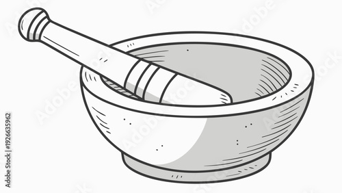 A vector graphic illustration of a mortar and pestle in a simple line art style