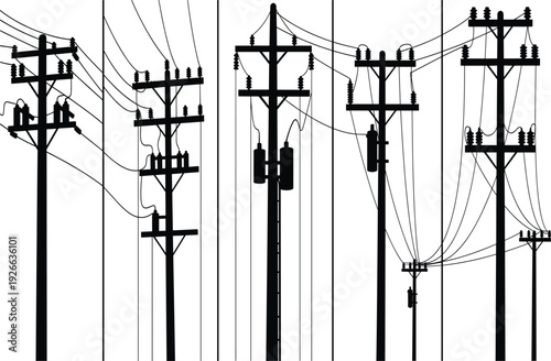 Silhouette electrical utility poles with complex overhead power lines, detailed urban energy distribution infrastructure illustration showing transformers, insulators, cables, and grid network system