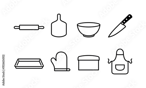 Home pizza prep tools: rolling pin, pizza peel, mixing bowl, chef knife, baking tray, oven mitt, dough scraper, apron