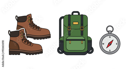 Outdoor excursion items including a pair of brown hiking boots, a green backpack, and a compass with a red needle.