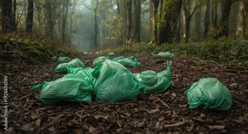 Discarded green bags on for...