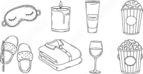 Cozy Home Elements Featuring Line Art Icons Of Sleep Masks Candles Popcorn Slippers Pajamas And Skincare