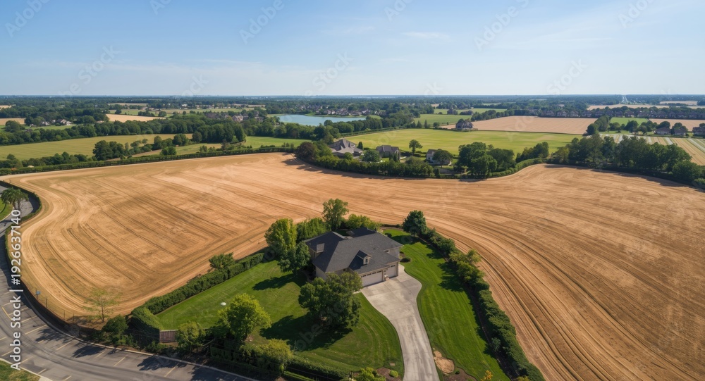 Obraz premium Top view of rural land with residential house symbolizing real estate development and sales