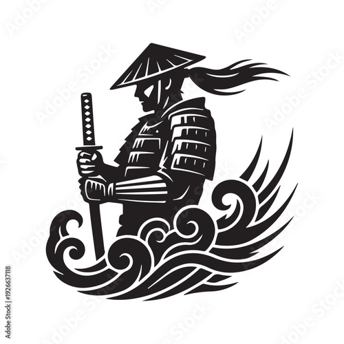 Samurai Warrior Silhouette Tribal Tattoo Vector Design with Sword
