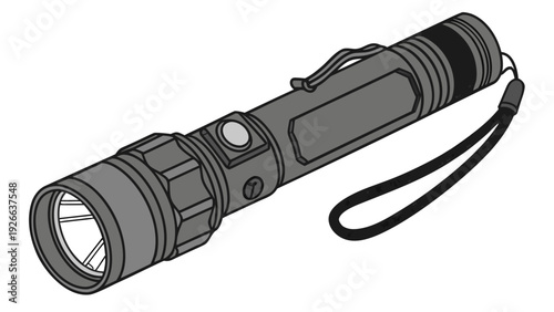 A vector graphic illustration of a modern flashlight with a wrist strap on a white background