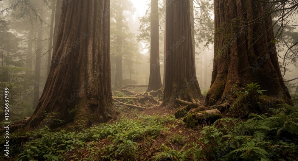 Fototapeta premium Oldest redwood trees thriving in humid foggy coastal forest