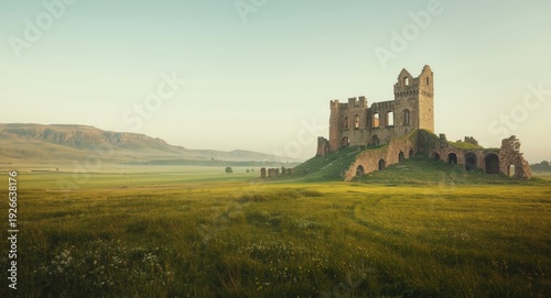 Ruined medieval fortress wi...