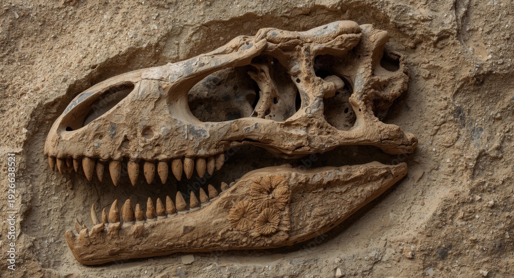 Fototapeta premium Massive dinosaur fossil skull with sharp teeth embedded in sandy soil showing strong jaw