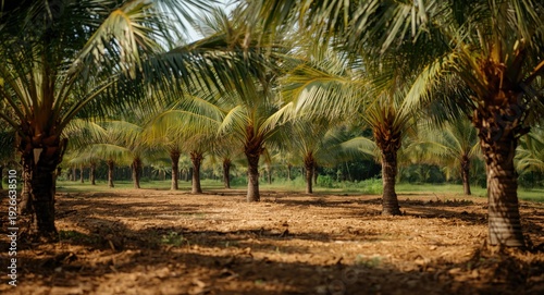 Natural coconut palm plantation with rich soil