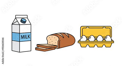 White milk carton, a brown loaf of bread with two slices, and an open yellow egg carton with four white eggs on a white background.