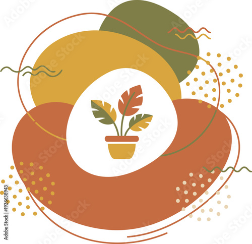 Stylized potted houseplant design with earthy organic shapes and abstract decorative elements