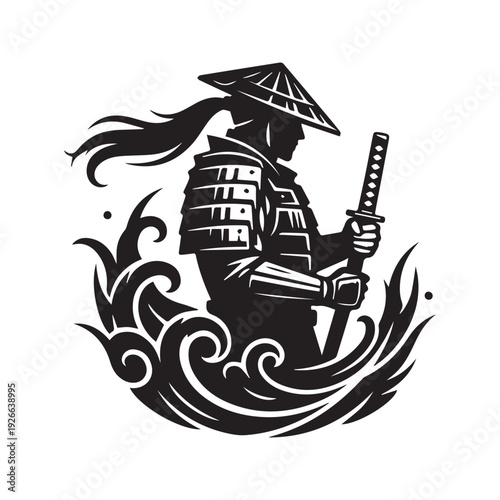 Samurai Warrior Silhouette Tribal Tattoo Vector Design with Sword
