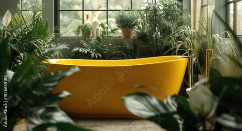 A vibrant yellow bathtub wi...