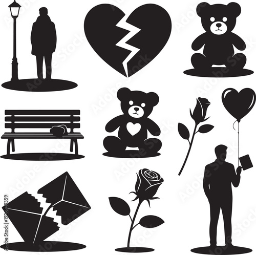 black silhouettes of various objects and animals on white background