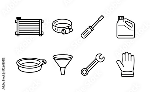 Car radiator replacement tools: replacement radiator, hose clamp, screwdriver, coolant bottle, drain pan, funnel, wrench, protective glove