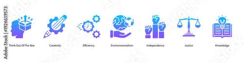 Knowledge and Justice web banner featuring Think Out Of The Box, Creativity, Efficiency, Environmentalism, Independence, Justice, and Knowledge.