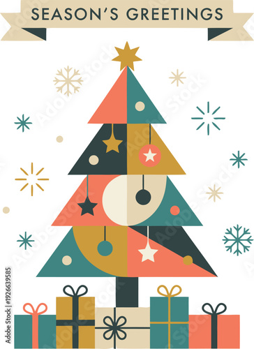A mid century modern inspired Christmas greeting card with a geometric tree and presents