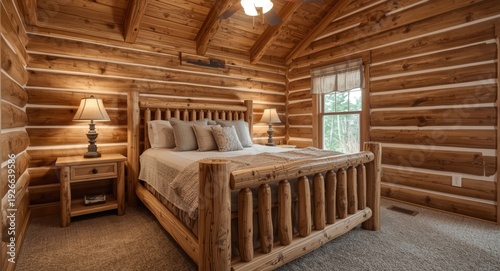Rustic log cabin bedroom wi...