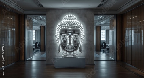 Glowing silver Buddha head ...