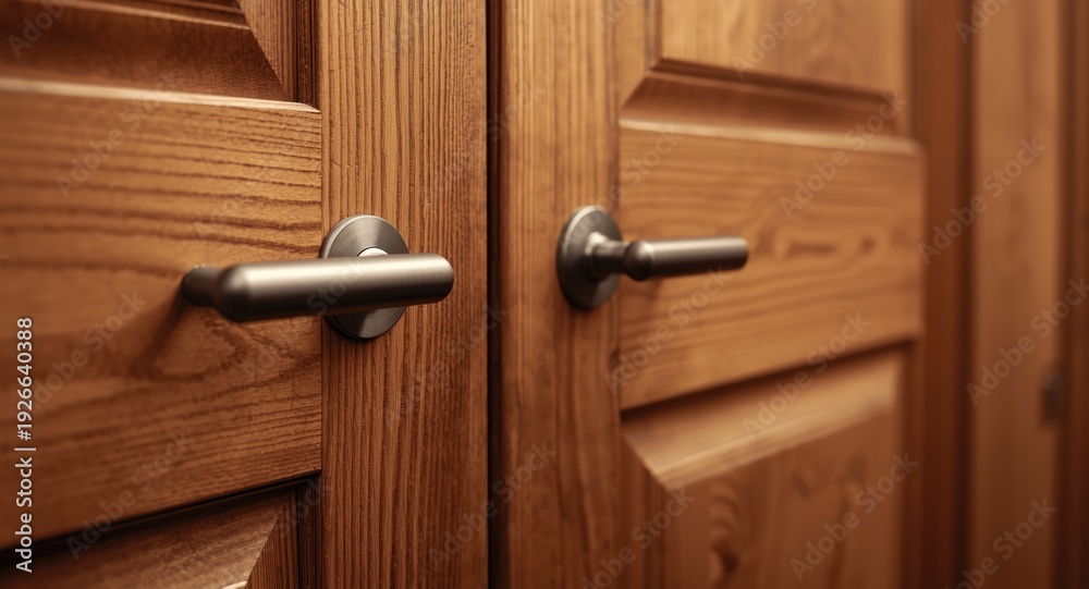 Obraz premium Wooden door close up featuring sleek metal handles and natural wood texture