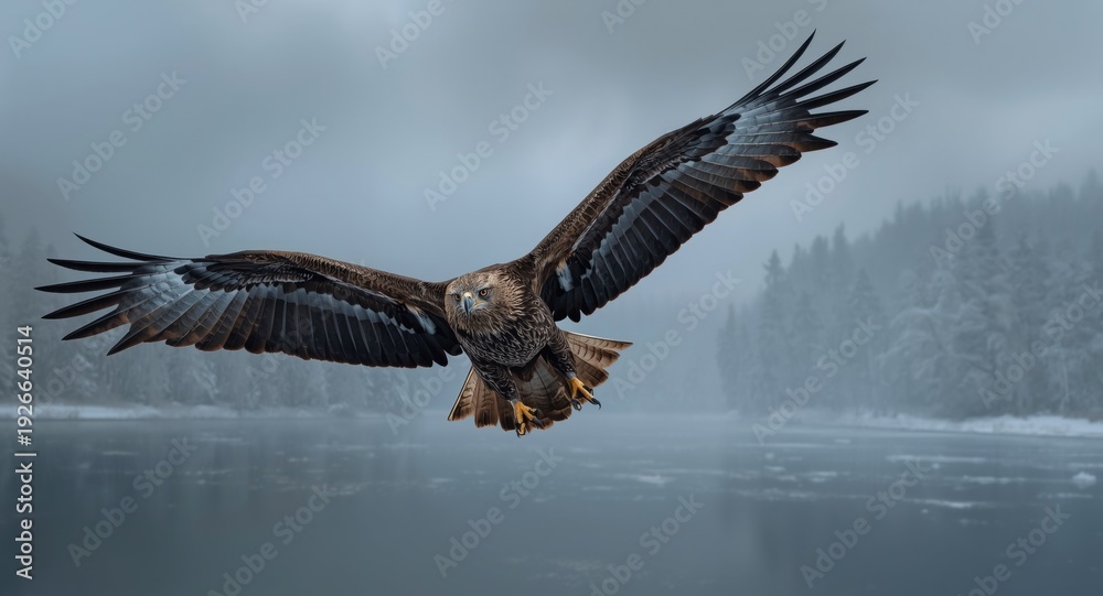 Obraz premium Majestic eagle soaring over a quiet lake in winter with wings spread wide
